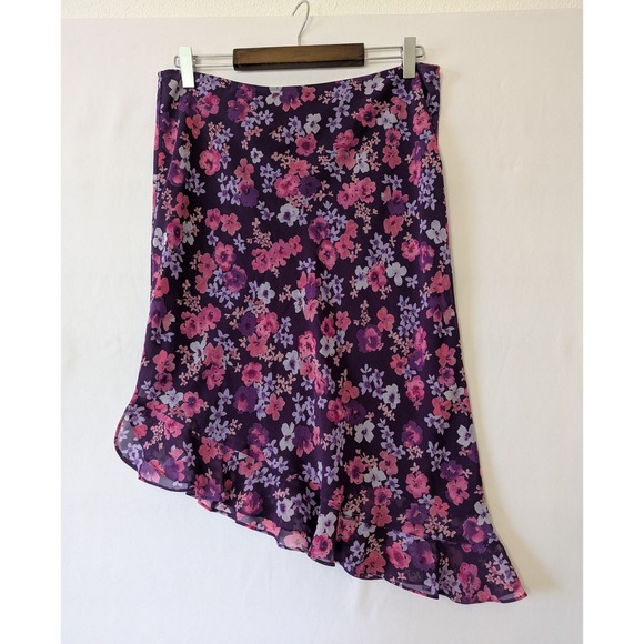 Express Fairy Whimsical Purple Floral Ruffle Asymmetric Hem Midi Skirt Size M - Picture 1 of 6